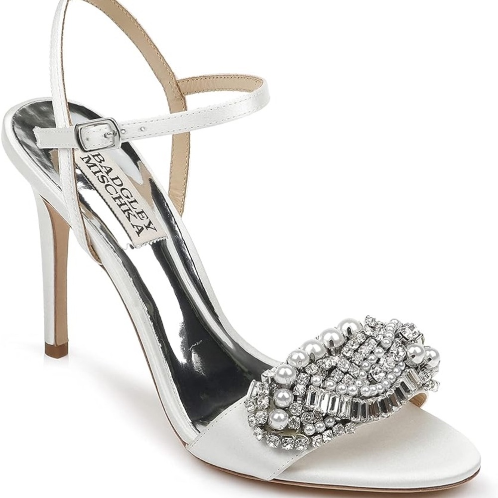 Badgley Mischka Odelia White Crystal & Pearl Embellished Open-Toe Heels